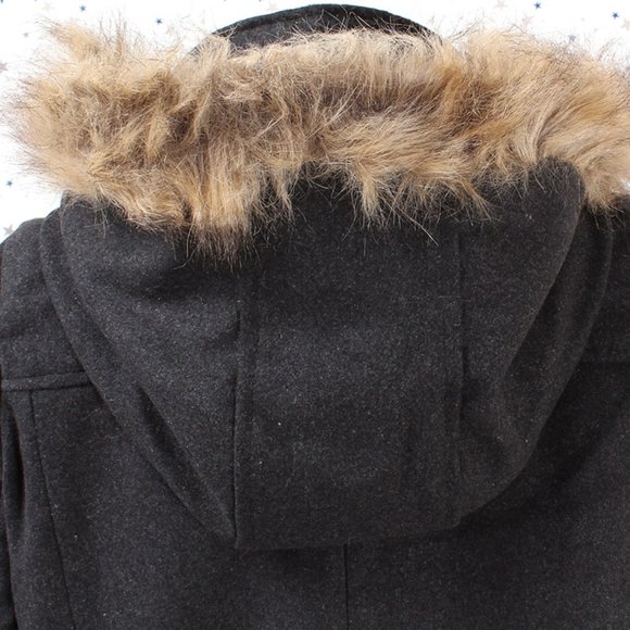 Charcoal Faux Fur Hooded Wool Blend Coat Jacket - Picture 8 of 9